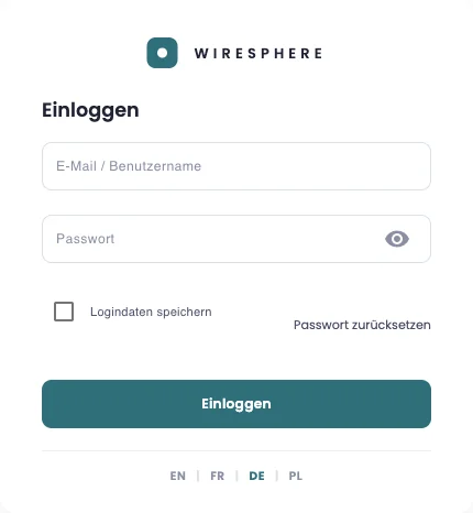 Die Anmeldemaske. Die Sprachwahl unten gilt für die ganze Oberfläche.