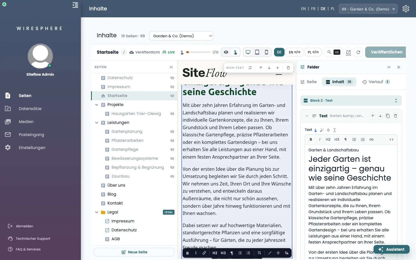 In der Seite angeklickt: Block ausgewählt, Leisten an Ort und Stelle, rechts dasselbe Feld.